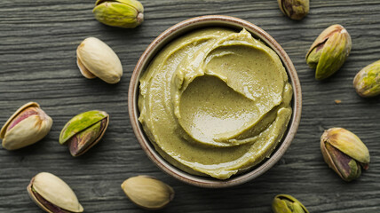 Tasty pistachios paste in bowl with pistachios generated.AI