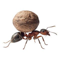 Ant Carrying Nut on White Background