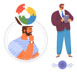 Bearded man thinking with colorful puzzle piece brain icon, businessman with clipboard considering decisions. Ideal for brainstorming, decision-making, solutions, business strategy, problem-solving