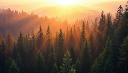 Sunset-lit dense pine forest with warm mist and cinematic golden-hour tones.
