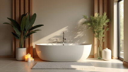 Fototapeta premium Luxurious Japandi Style Bathroom with Natural Light and Zen Atmosphere