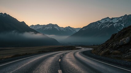 Fototapeta premium Serpentine mountain highway at dawn, snow-capped peaks, mist in valleys, wet asphalt reflections, cinematic lighting, photorealistic, 4K, ultra-detailed.