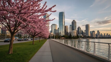 Vancouver seawall bike path, cherry blossoms, glass towers, Burrard Inlet, sunset reflections, photorealistic, 4K.