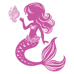 Whimsical mermaid illustration features flowing hair and seashell, surrounded by vibrant aquatic plants, creating a magical underwater scene full of fantasy. Vector illustration