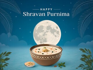 Happy shravan purnima full moon with indian sweet kheer social media post template banner
