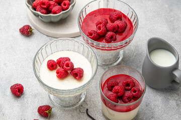 Traditional Italian dessert. Vanilla panna cotta with raspberry sauce and fresh raspberries on grey background in glass cup. Individual trifle with berry topping. Home cooking. Selective focus.