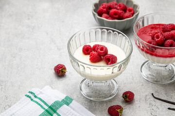 Traditional Italian dessert. Vanilla panna cotta with raspberry sauce and fresh raspberries on grey background in glass cup. Individual trifle with berry topping. Selective focus, copy space.