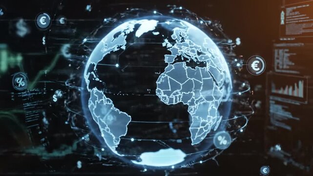 Digital globe with financial data overlays, including currency symbols and graphs, representing global finance and interconnected markets. - Powered by Adobe