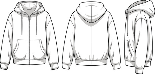 Cad drawing flat vector illustration of zip-up hoodie front, back and side view, technical fashion sketch, blank apparel template