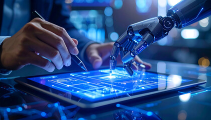 Human hands and a robotic arm collaborate on a tablet displaying complex digital circuitry.