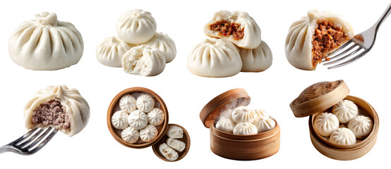 Set of Chinese stuffed steamed bun bao baozi Mantou, steamer basket, fork, meat vegetable paste filling, broken bitten pile, isolated transparent cutout PNG. Mockup template