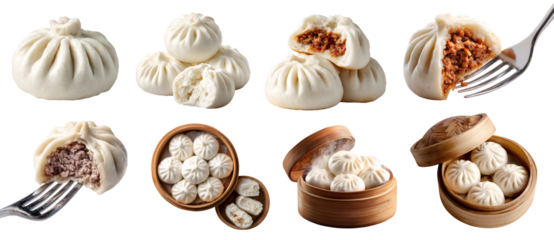 Set of Chinese stuffed steamed bun bao baozi Mantou, steamer basket, fork, meat vegetable paste filling, broken bitten pile, isolated transparent cutout PNG. Mockup template
