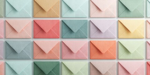 Many pastel-colored envelopes arranged in a grid pattern