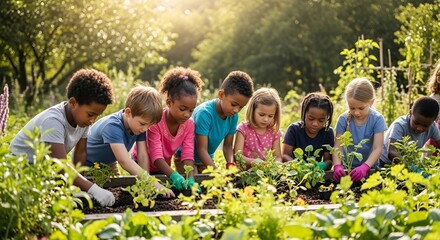 A group of diverse children, wearing gloves, are gardening together in a raised garden bed filled with plants on a sunny day.