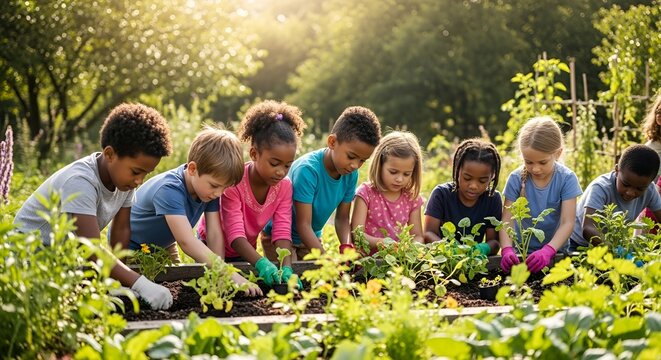 A group of diverse children, wearing gloves, are gardening together in a raised garden bed filled with plants on a sunny day.