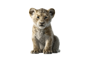 Adorable lion cub sitting,  looking at the camera.