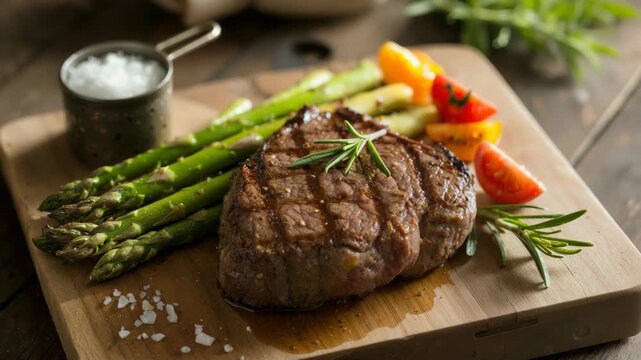 Juicy grilled beef steak seasoned with rosemary, served with asparagus and tomatoes.