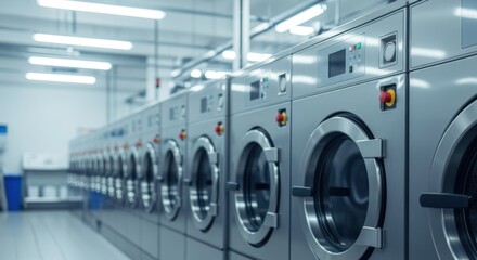 Many stainless steel washing machines standing in a row in brightly lit industrial laundry room represent professional cleaning services for large quantities of textiles