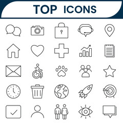 Fototapeta premium Top icon set for web icons set, social media icons, message, location, paw, grapg, clock, homw, lock, earth, target, heart symbol, camera, plus sign, handicaft, rocket, dustbin, clock icon vector.