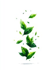 Vibrant green leaves in mid-air, watercolor style