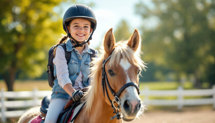 Obraz premium Young girl happily rides a gentle pony in a sunny riding lesson. 