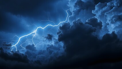 Electric lightning strike forking through dense storm clouds in high contrast night sky with dramatic nature, atmospheric mood, and environmental backdrop