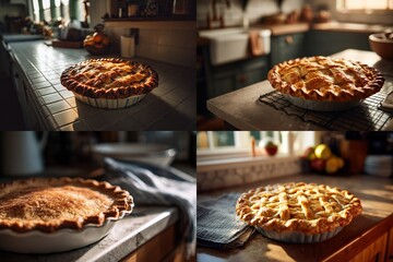 Four warm, golden-brown apple pies displayed on kitchen counters in various sunlight-drenched settings. Each pie boasts a rustic, homemade aesthetic with a flaky crust and visible filling