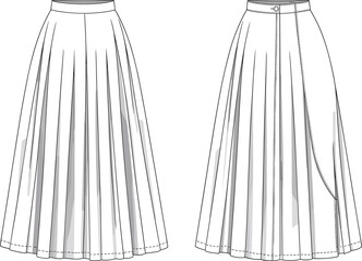 Pleated skirt CAD sketch, vector fashion drawing template for apparel design, garment illustration, sewing pattern, clothing production, style