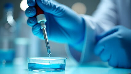 Fototapeta premium Precision Lab Work – Pipetting Blue Liquid into Petri Dish in Modern Laboratory