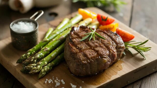Juicy grilled beef steak seasoned with rosemary, served with asparagus and tomatoes.
