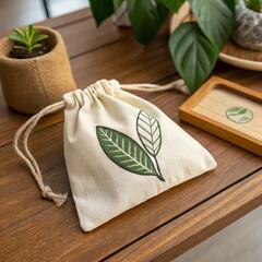 Beige Eco-Friendly Pouch with Embroidered Green Leaf on Wooden Table