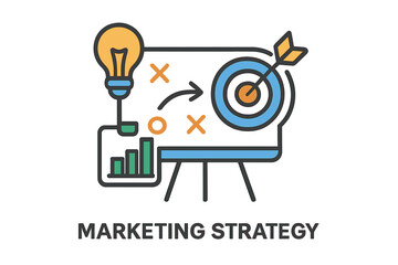 Marketing strategy diagram with light bulb, chart, and target marketing strategy icons