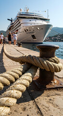 Fototapeta premium Close-up of weathered mooring rope on bollard with blurred cruise ship and harbor background. 