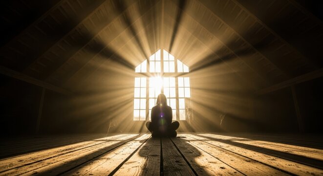 Person meditating in sunlight rays coming through window - Powered by Adobe