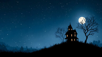 Mysterious Halloween scene with haunted house and moonlight.