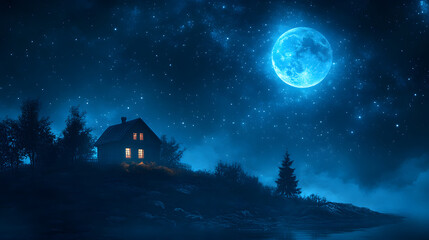 Mysterious Halloween scene with haunted house and moonlight.