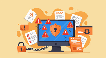 Illustration depicting computer security, data breaches, and information protection.