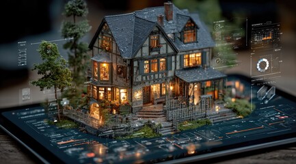 Illuminated house model on tablet, data overlays