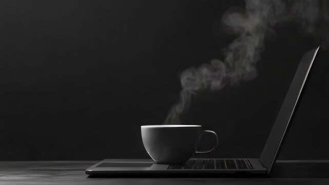 Steaming cup of coffee on laptop in dark setting
