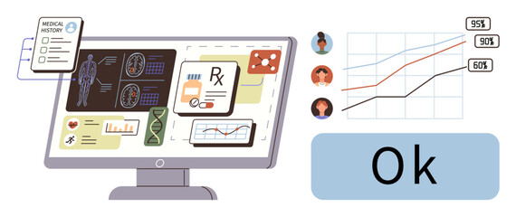 Computer displaying medical history, X-rays, DNA data, prescriptions, and graphs. Highlighting AI in healthcare, medical research, data visualization and patient tracking. Ideal for healthcare