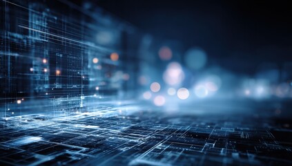 Abstract digital network, futuristic cityscape bokeh
