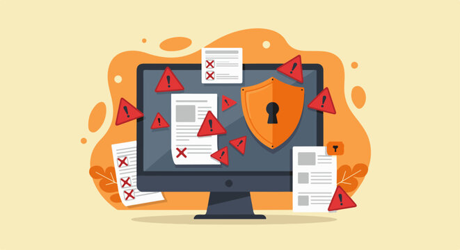 Computer screen displaying security shield and error symbols, with documents scattered around, indicating a potential data breach or security issue.