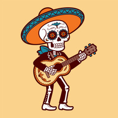 Day of the Dead Skeleton Musician with Guitar and Sombrero Illustration