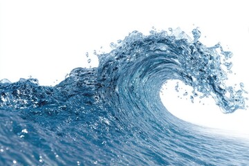 A powerful ocean wave curls, showcasing its translucent texture and dynamic form against a stark white backdrop