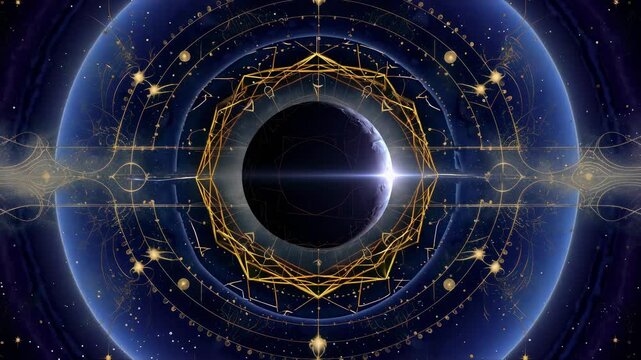 The video showcases a mystical cosmic theme with intricate celestial designs, using a symmetrical and centered camera angle.