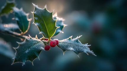 Frozen Holly Plant with Red Berries and Ice Crystals
