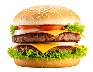 A double cheeseburger with lettuce, tomato, and onion slices,  isolated on transparent background.