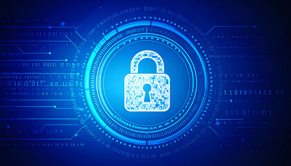 Digital lock graphic symbolizing cybersecurity, surrounded by binary code and intricate patterns, illustrating modern technology and data protection