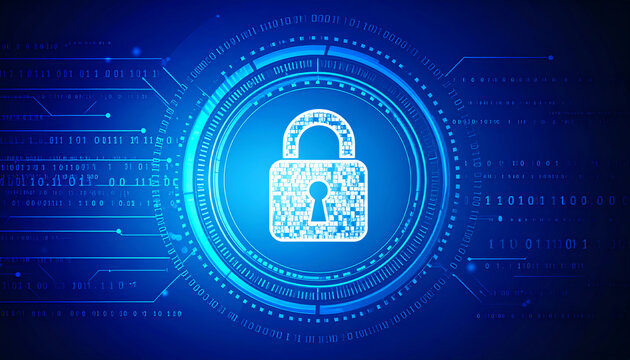 Digital lock graphic symbolizing cybersecurity, surrounded by binary code and intricate patterns, illustrating modern technology and data protection