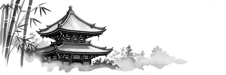 Traditional japanese pagoda temple surrounded by bamboo and misty scenery